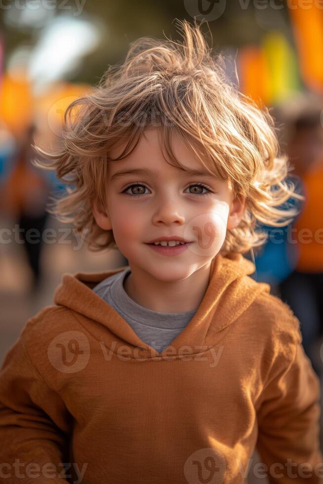 a child participating in a Sabantuy race, focused expression, with a blurred crowd and vibrant festival banners in the background photo