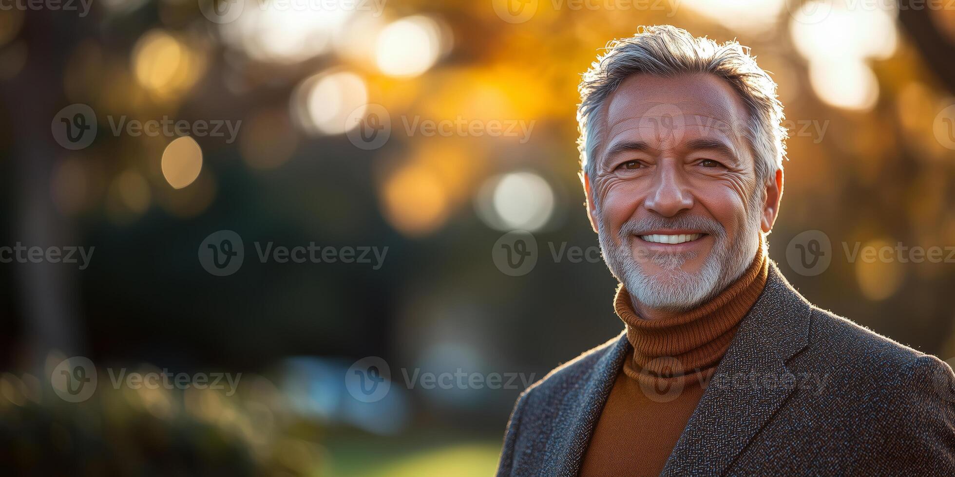 a senior man in a tailored blazer and turtleneck, smiling confidently outdoors, lush park background photo