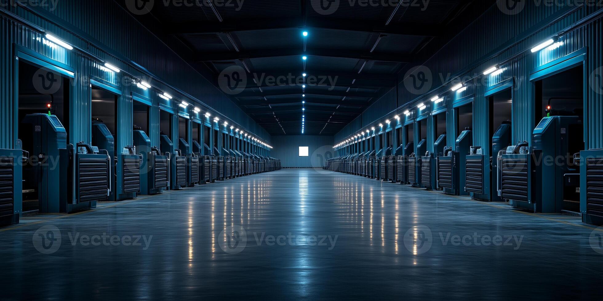 a fully automated cow barn with robotic feeding and cleaning systems working simultaneously, blank right side for text, evenly lit with modern industrial lighting photo