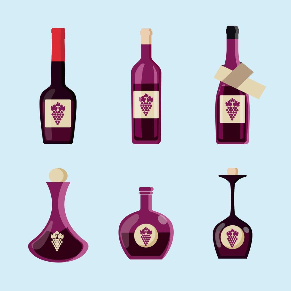 Collection of wine bottle illustrations in various shapes and sizes vector