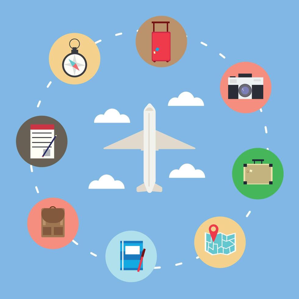 Illustration of an airplane surrounded by traveling elementsction vector