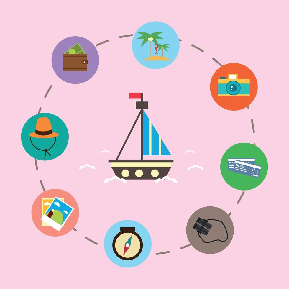 Illustration of a ship surrounded by traveling elements vector