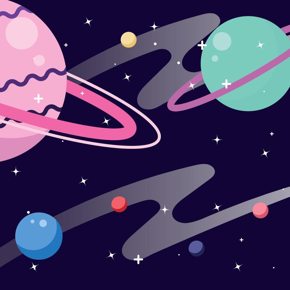 Galaxy illustration with several ringed planets in a unique flat design style background vector