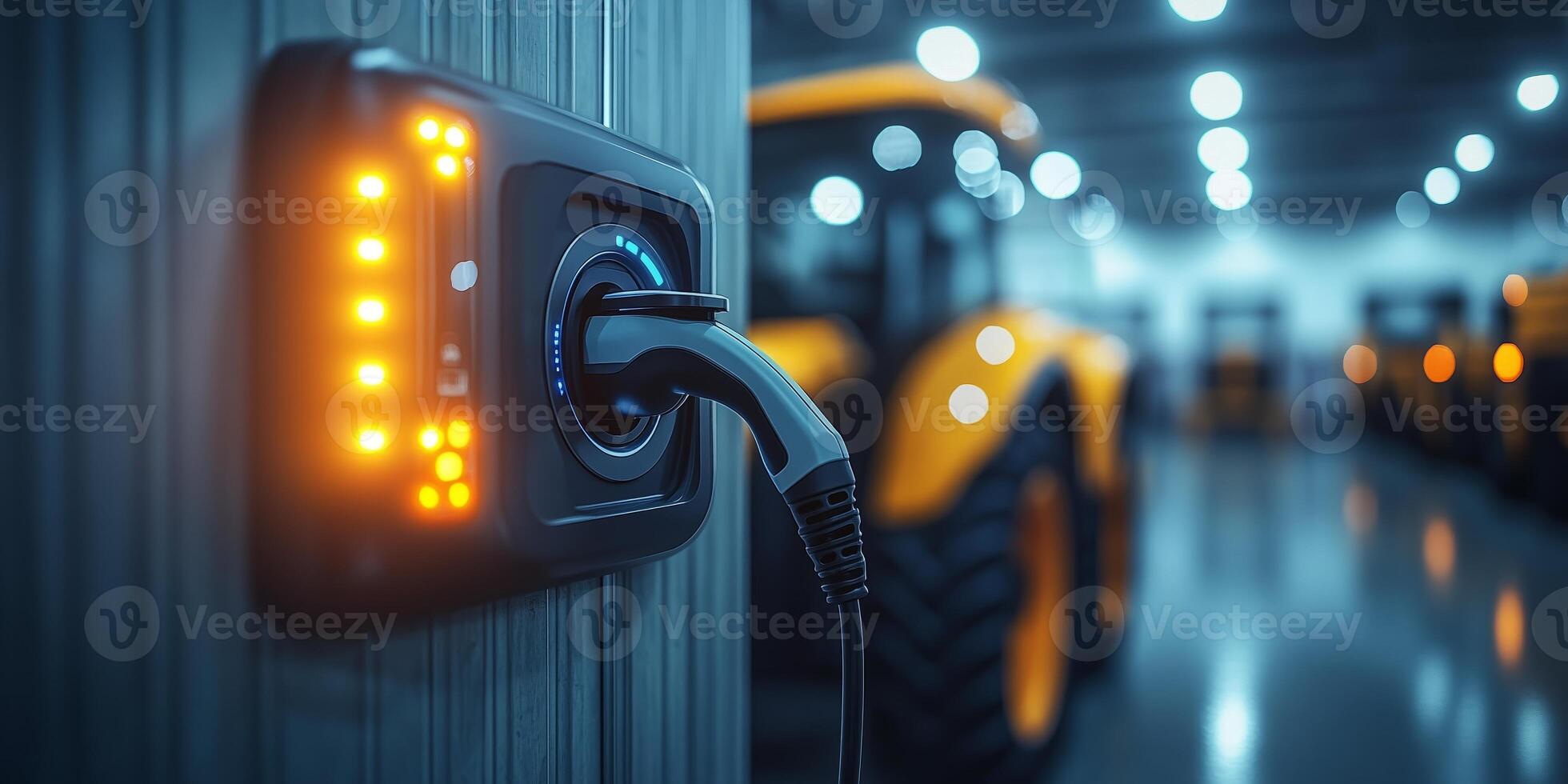 an electric tractor connected to a charging station in a barn, clean modern machinery in focus, blank right side for text photo