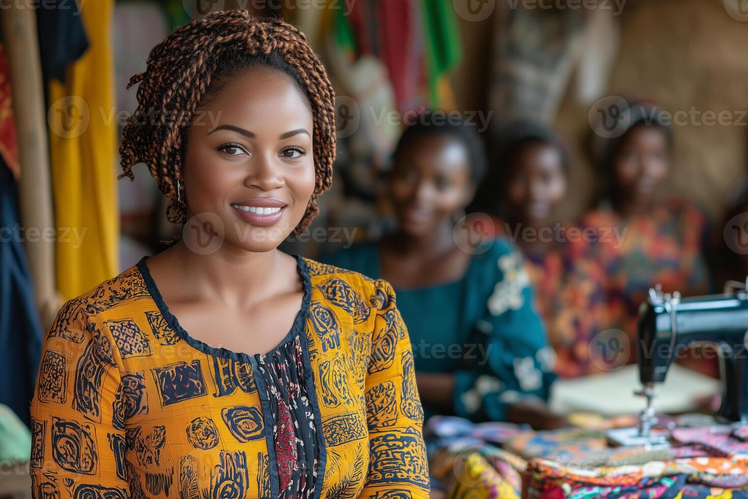 a woman teaching a group of women in a sewing workshop, showing patterns photo