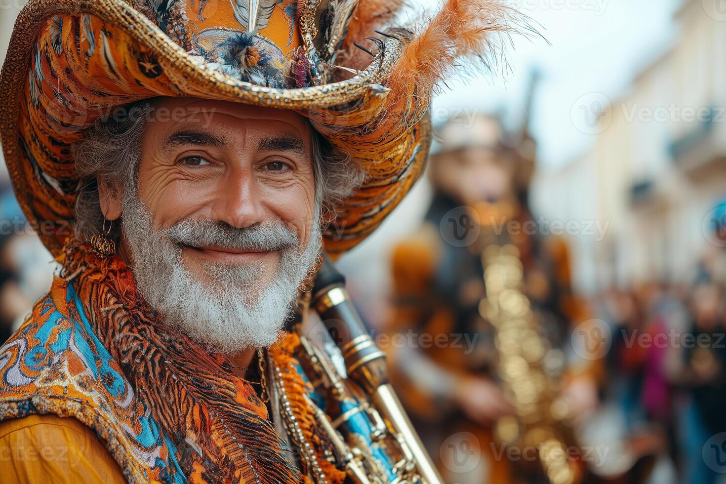 musicians in traditional attire marching alongside giant figures in the Fete des Geants parade, historic architecture in the background, warm daylight enhancing the vibrant scene photo