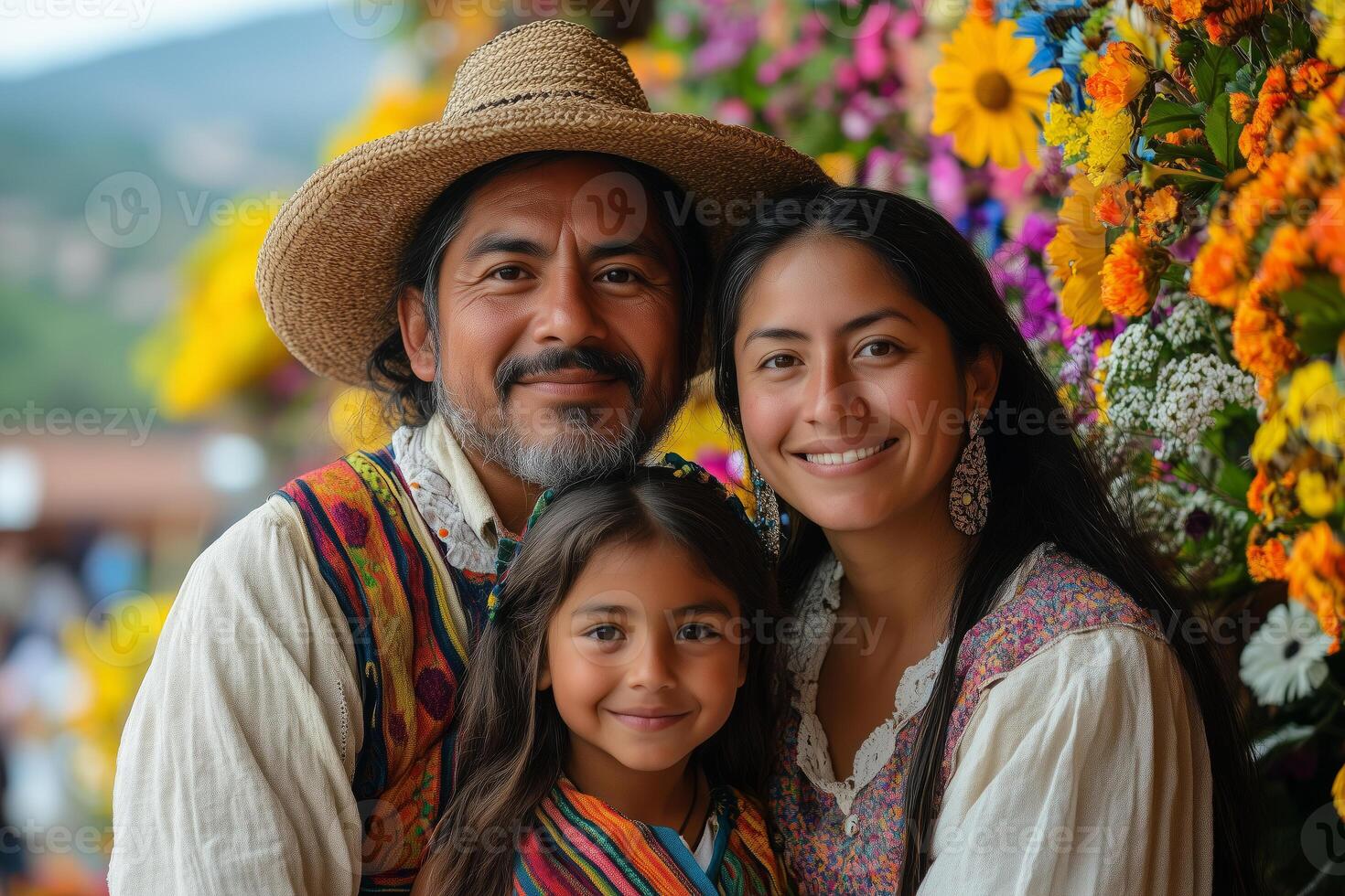 a family enjoying Feria de las Flores, dressed in traditional Colombian attire, posing in front of a colorful floral display, with a sunny plaza in the background photo