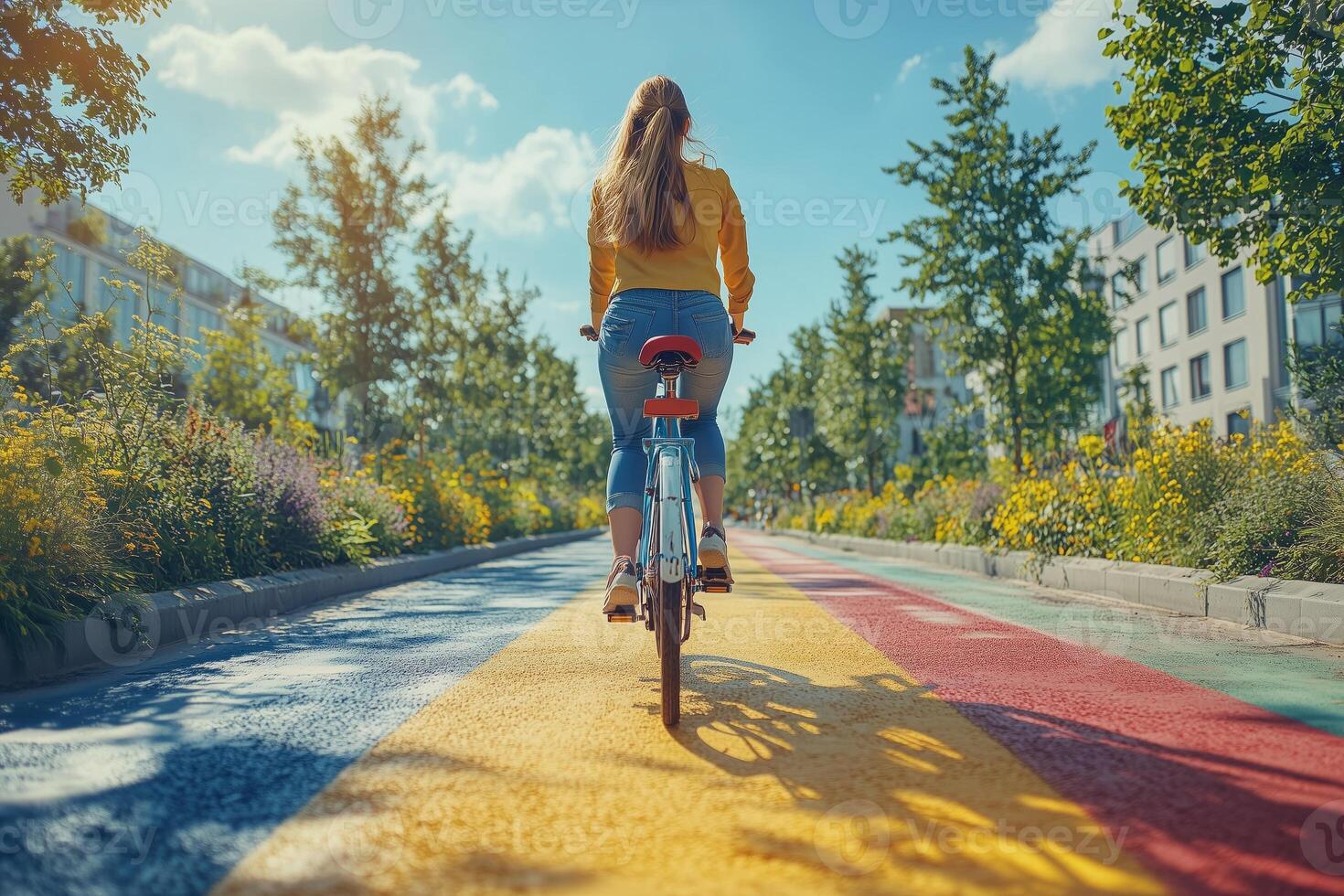 a young woman riding a bicycle on a colorful, newly designed bike path in a bustling city center, surrounded by greenery and contemporary architecture photo