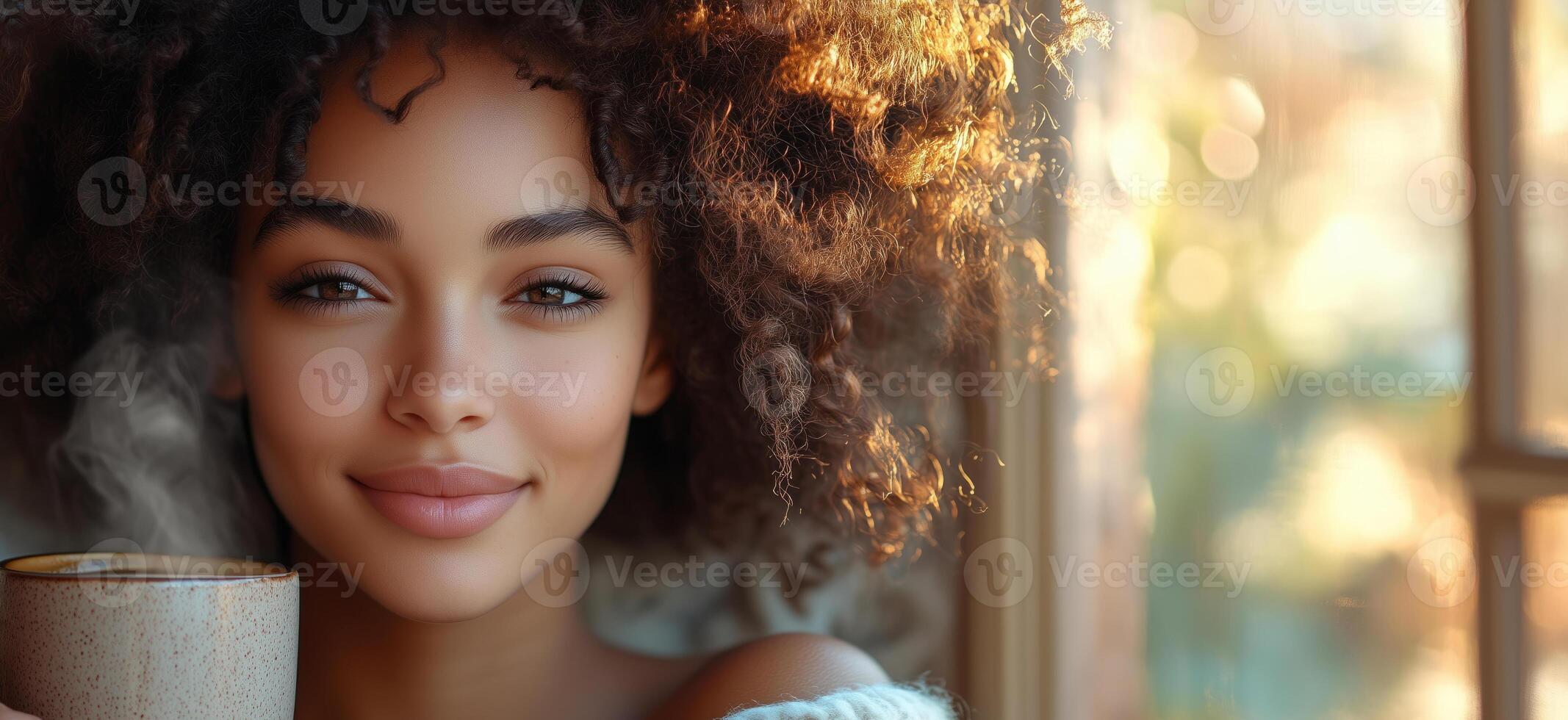 A woman with a mug of coffee in hand, smiling contentedly in a warm, homely setting photo