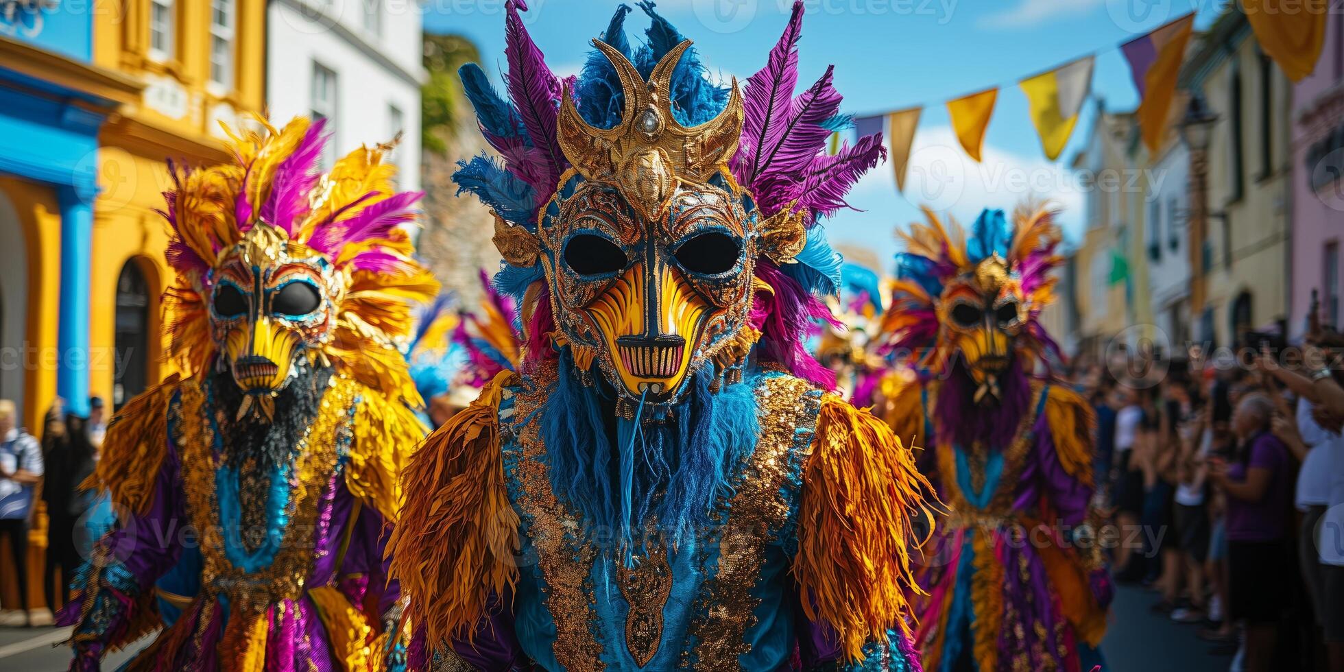 a Golowan parade, vibrant costumes and giant puppets marching through a decorated street, colorful flags overhead photo