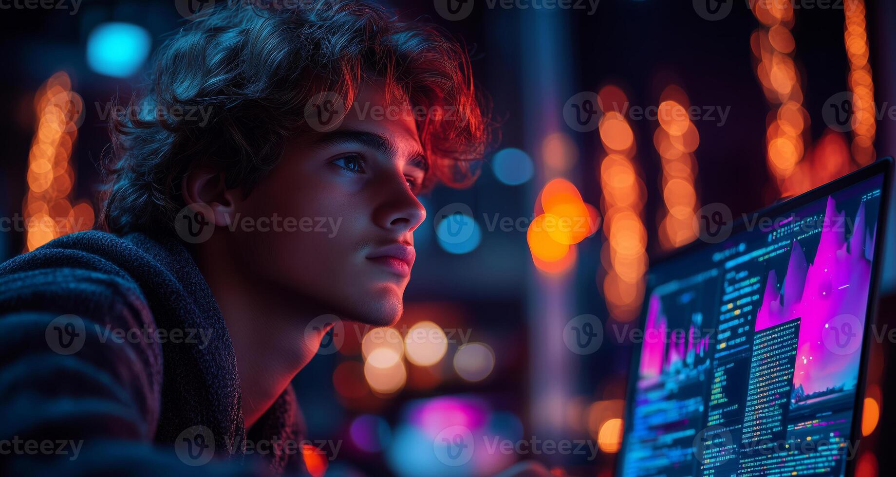 a teenage coder working on a website for their startup, typing on a laptop with notes and wireframes scattered on the desk photo