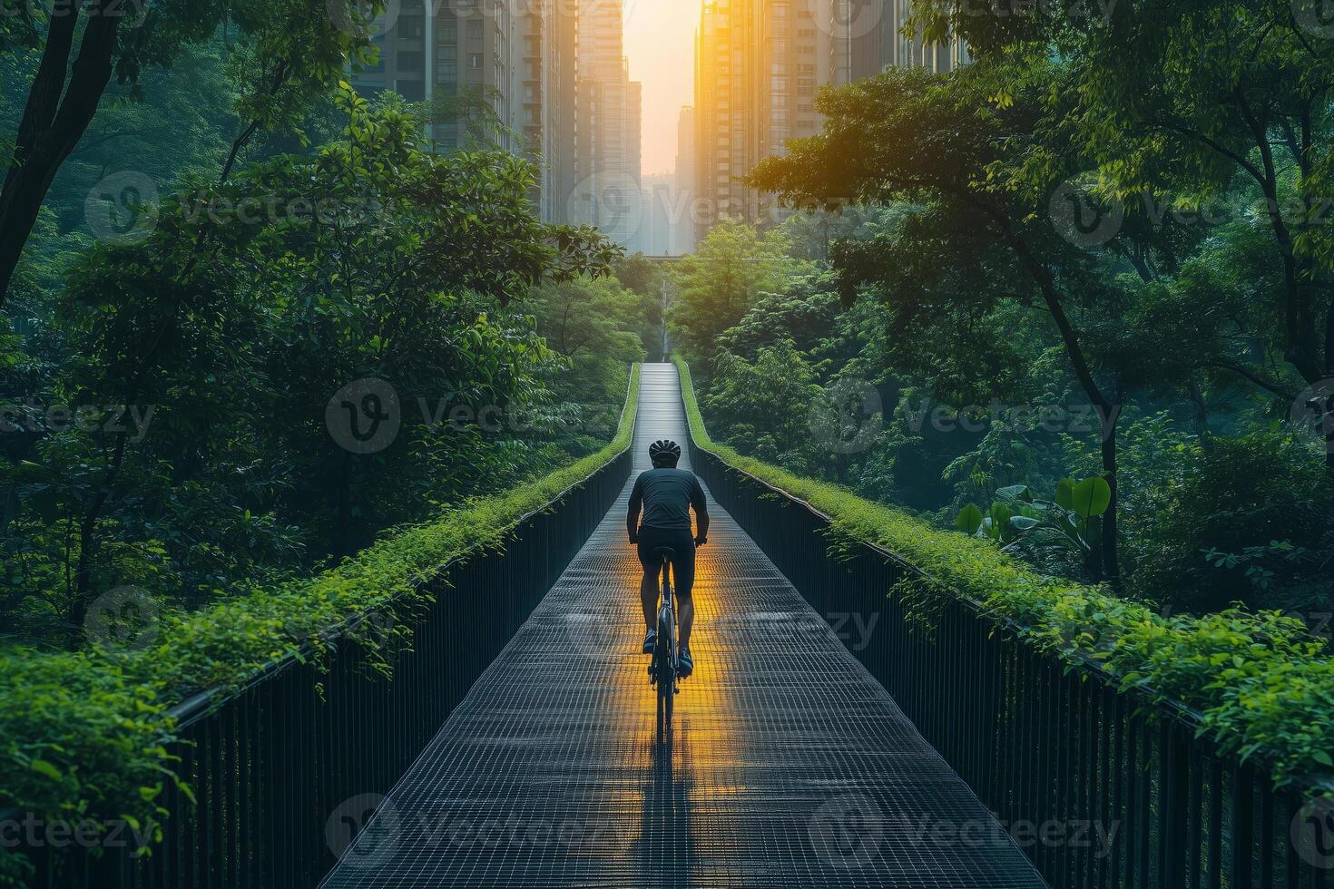 a cyclist entering an eco friendly urban bridge with a separate bike path photo