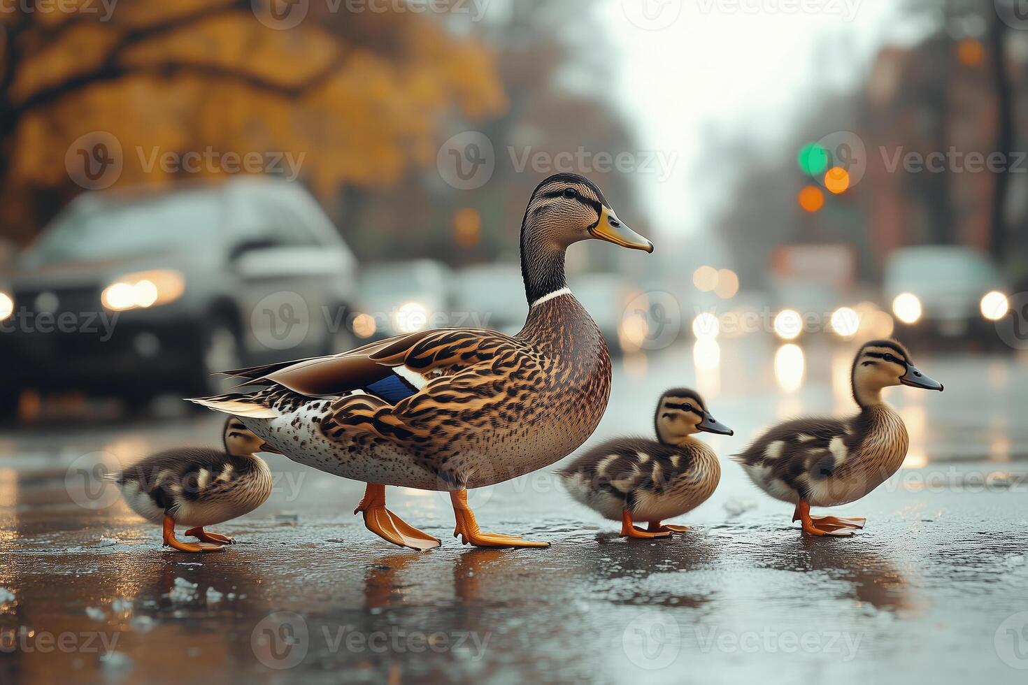 an environmental problem, wild birds in the city, a family of ducks crossing a busy street, with cars stopped and pedestrians watching photo