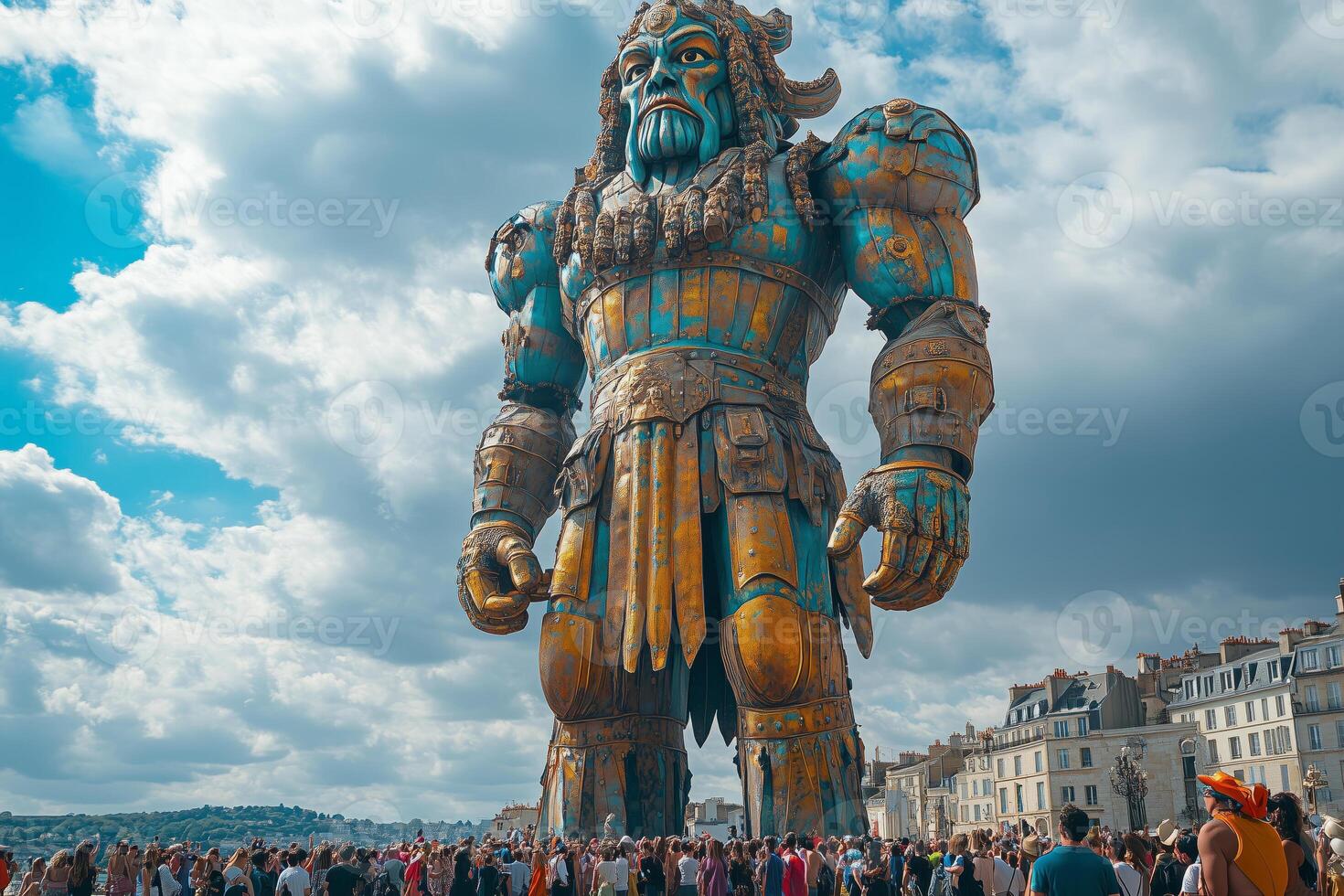 a giant parade figure towering over a crowd during the Festival of the Giants, colorful costumes and historical decorations photo