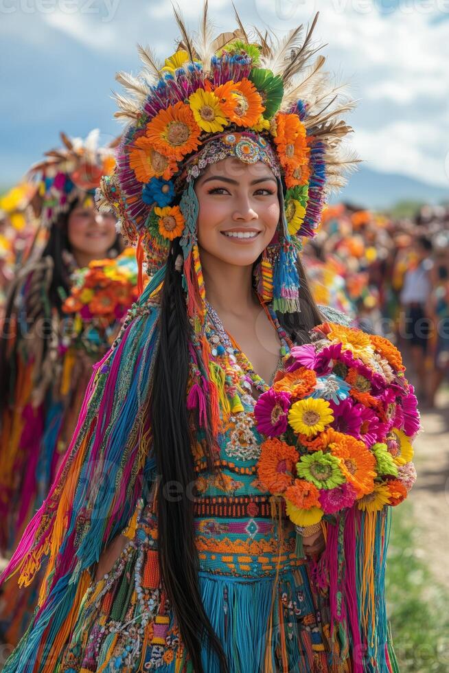 a Sabantuy procession, participants holding traditional symbols and wearing colorful costumes, walking through a rural village under bright sunny skies, joyful crowd watching photo