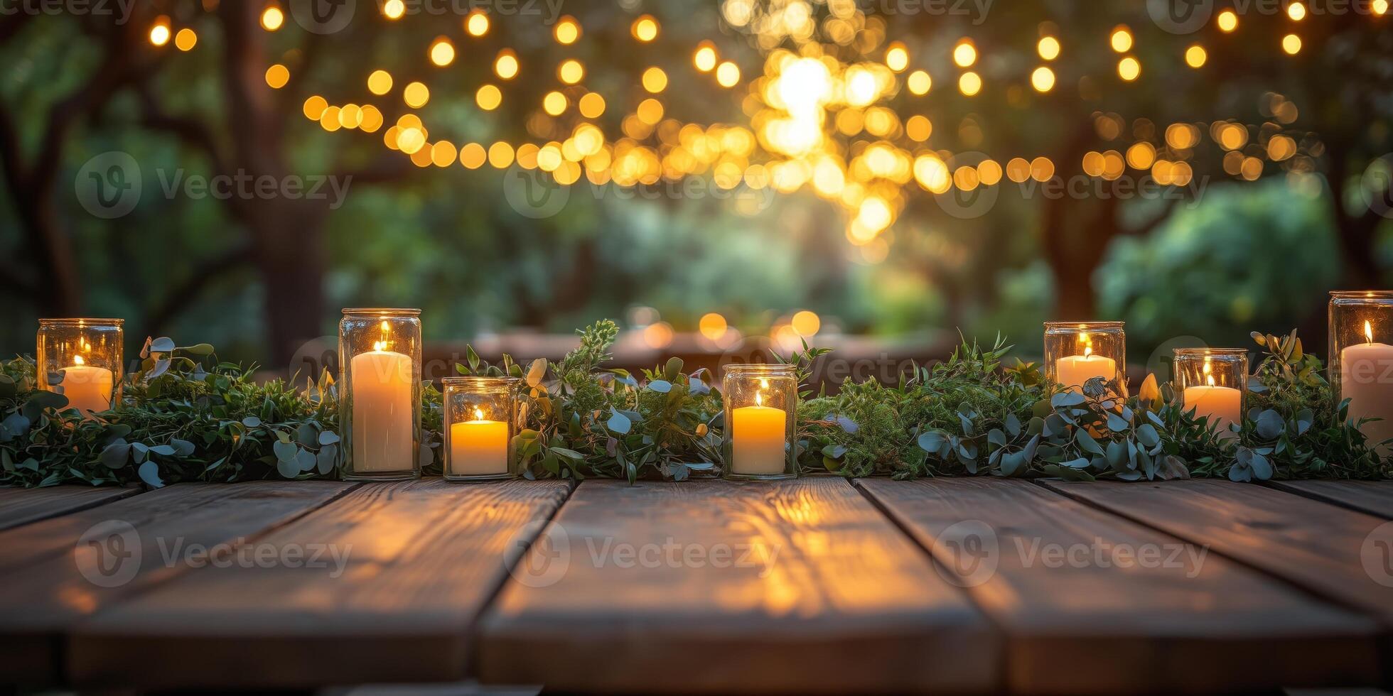 a rustic outdoor wedding reception, wooden tables decorated with greenery and candles, set under string lights in a lush garden, empty right side for copy space photo