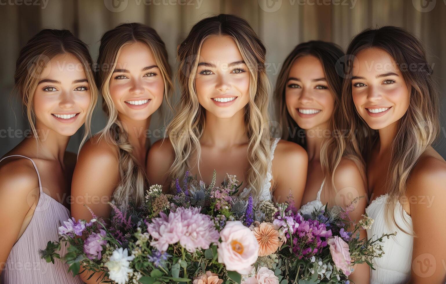 a group of bridesmaids in mismatched boho dresses, holding wildflower bouquets, standing in front of a rustic barn photo