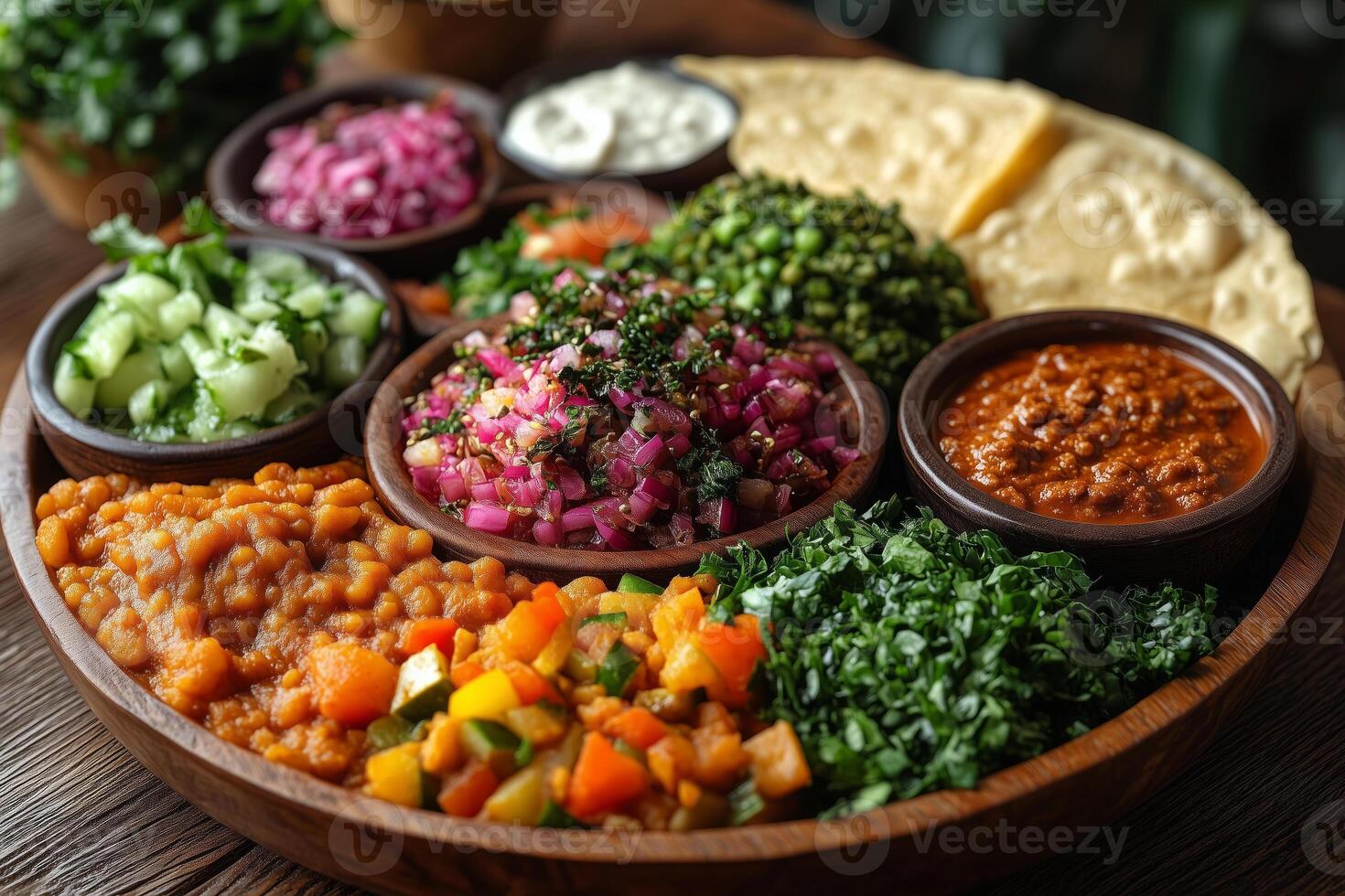 a traditional Ethiopian meal served on a large injera platter, topped with colorful wot and surrounded by small bowls of fresh salads photo