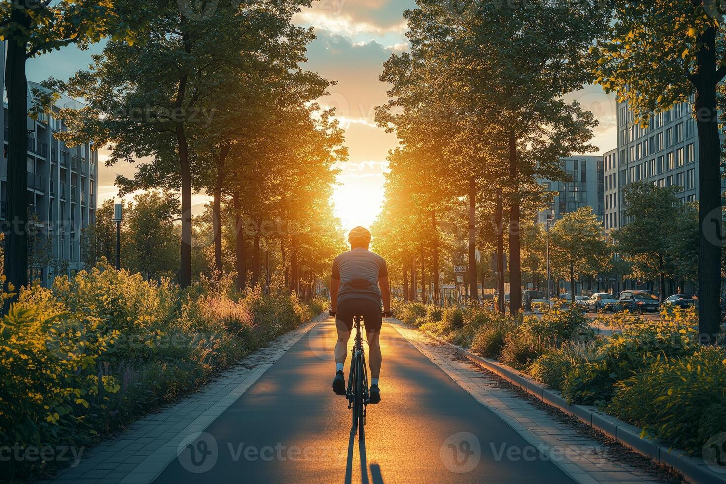 a cyclist riding along a bike lane with solar powered lighting and greenery on both sides, surrounded by modern urban infrastructure, clean and bright setting photo