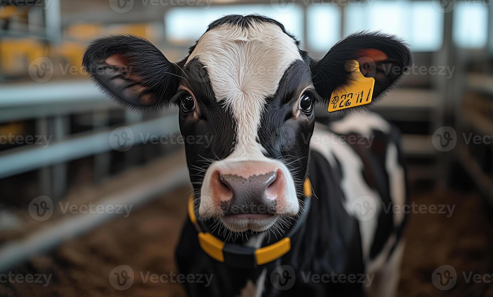a cow wearing a health monitoring collar in a modern dairy farm photo