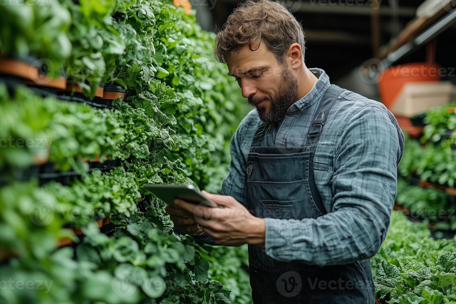 a farmer using a tablet to monitor crops in a modern greenhouse, surrounded by rows of vertical hydroponic plants photo