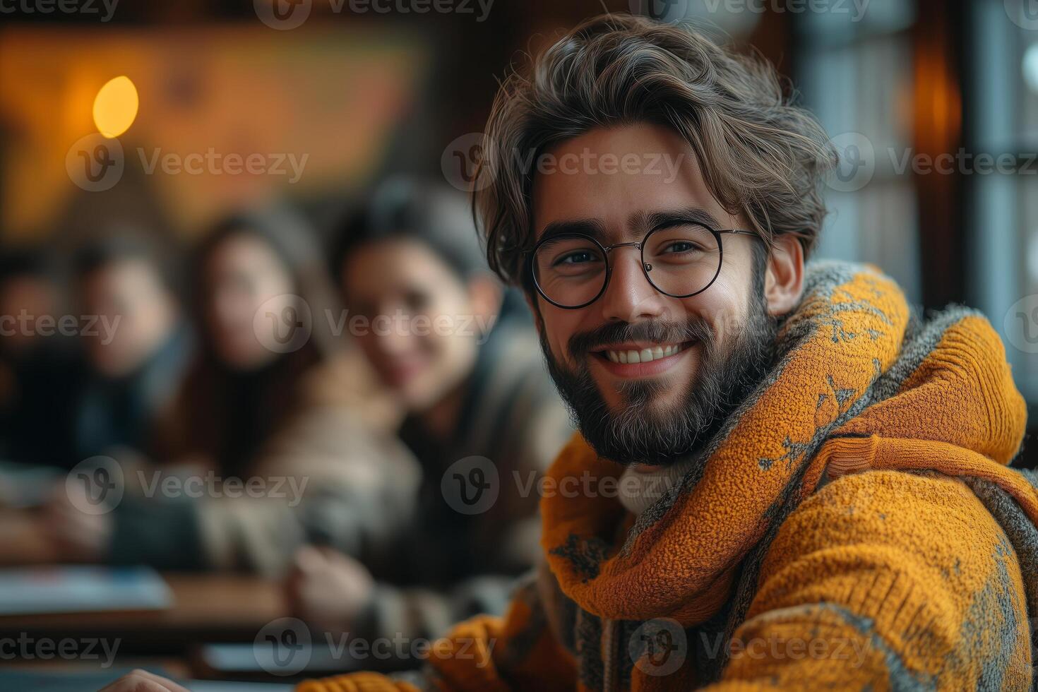 a modern language teacher using interactive software to teach a small group, cozy classroom with maps and bookshelves in the background photo