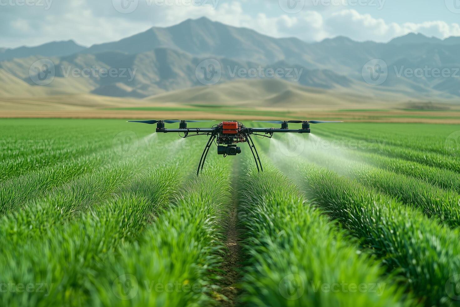 a drone spraying crops with fertilizer in a vibrant green field, precise and efficient, with clear skies and mountains in the background, bright morning light photo