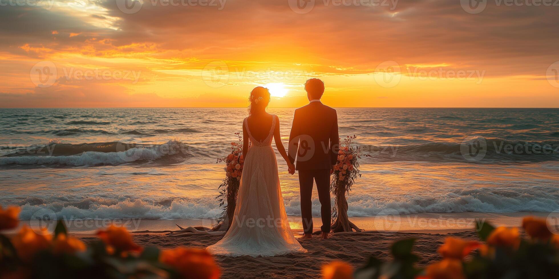a sunset wedding by the beach, the couple standing under a driftwood arch decorated with flowers, waves gently rolling in, blank right side for copy space photo