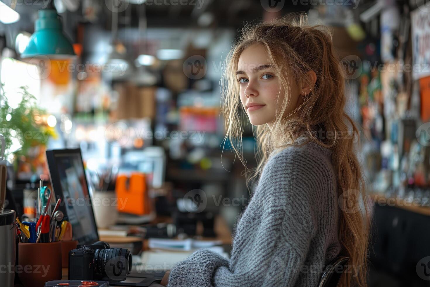 a teenage entrepreneur editing photos for her online handmade jewelry shop, using a lightbox and a camera, surrounded by tools and colorful beads