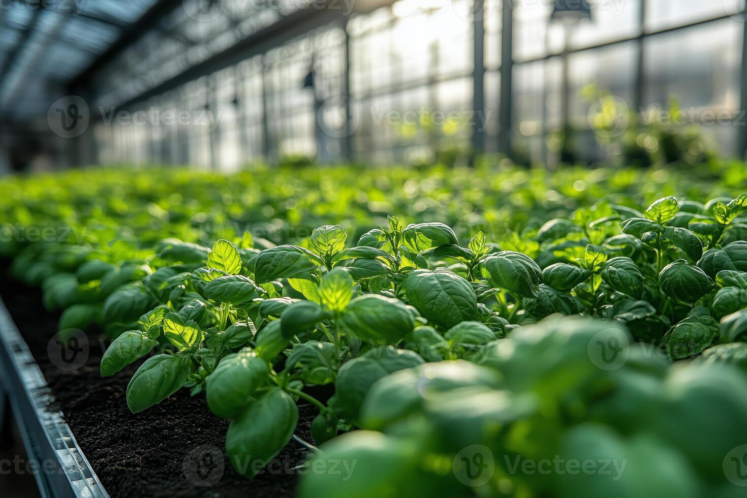 a modern hydroponic greenhouse with basil and mint plants thriving in water based systems photo