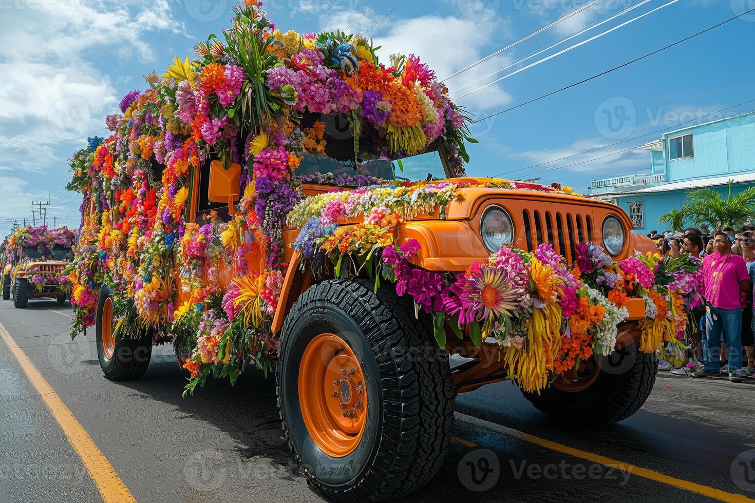 a flower covered jeep participating in the parade, adorned with colorful blooms and traditional decorations photo