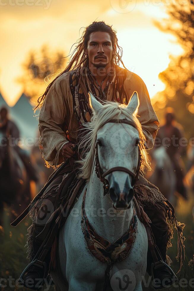 a horse rider performing during Sabantuy, wearing traditional attire, galloping through a field surrounded by decorated tents, dramatic sunlight highlighting the dynamic moment photo