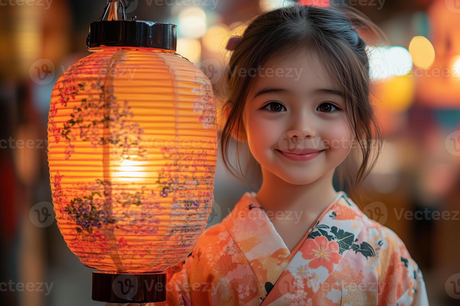 a young girl wearing a floral yukata, holding a lit lantern at an Obon festival, vibrant paper decorations and festive booths in the background, warm evening glow photo