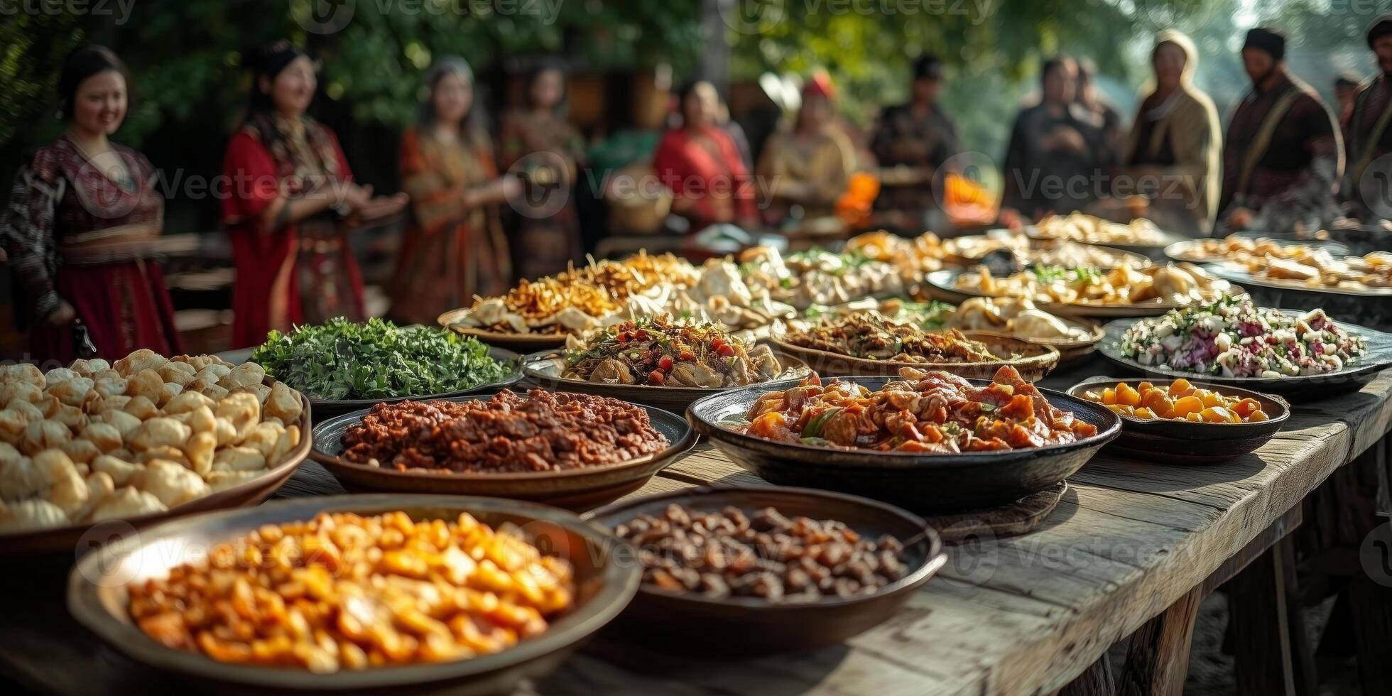 traditional Yakut food arranged on a wooden table during Ysyakh, surrounded by guests in festive clothing, natural scenery in the background photo