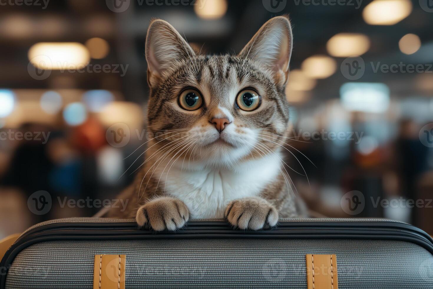 A curious cat sits inside a suitcase, its wide eyes exploring the busy airport terminal photo