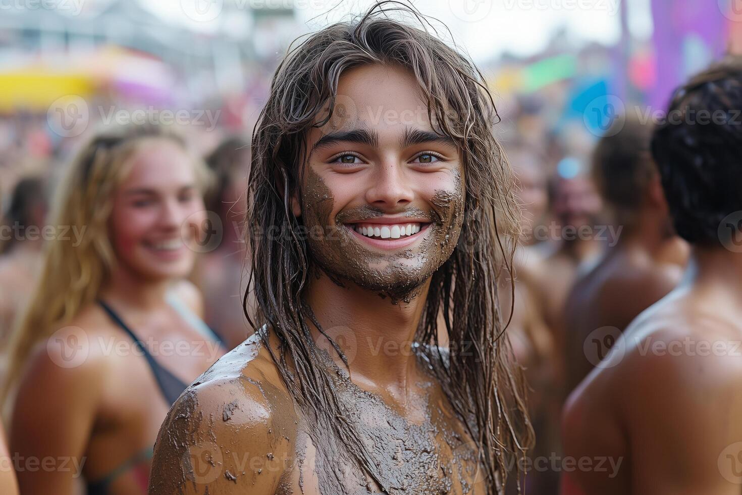 a smiling participant posing with mud covered face and body, colorful festival crowd in the background, vibrant summer lighting adding energy to the scene photo