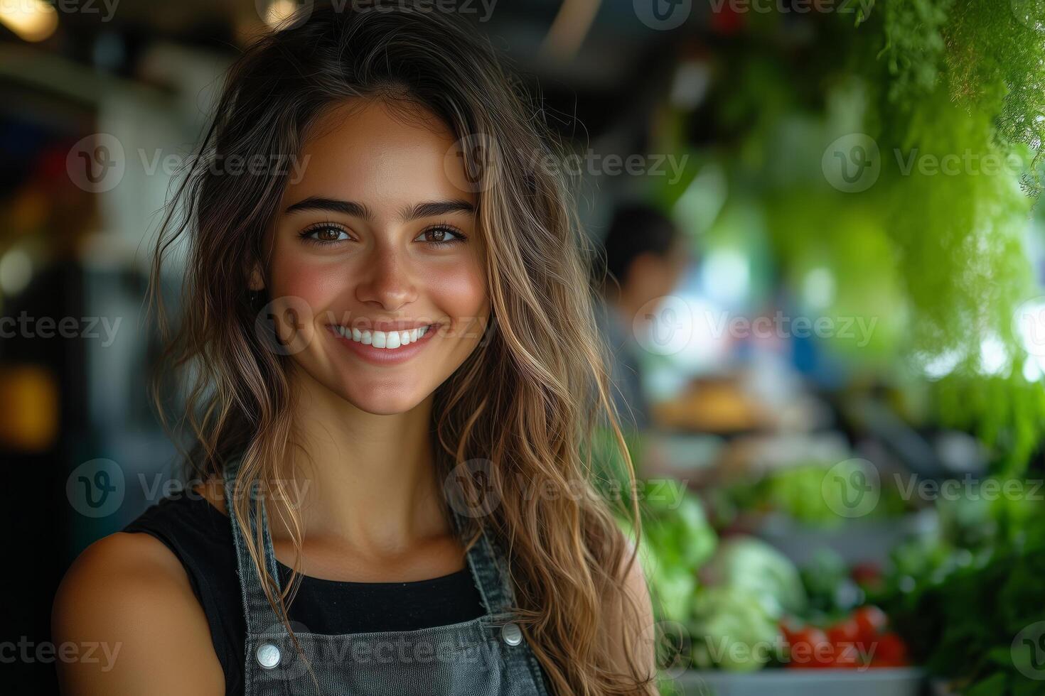 a female entrepreneur running a small cafe or food truck, preparing fresh local dishes for customers, surrounded by greenery and warm natural light photo