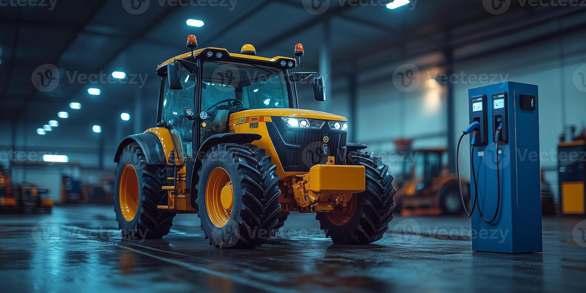 an electric tractor connected to a charging station in a barn, clean modern machinery in focus, blank right side for text, soft indoor lighting photo