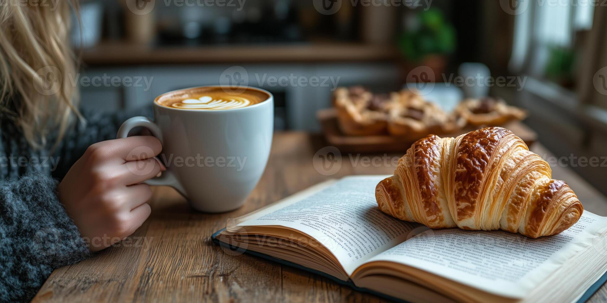 A hand gently holds a warm coffee cup, a book open nearby, and a croissant ready to enjoy photo