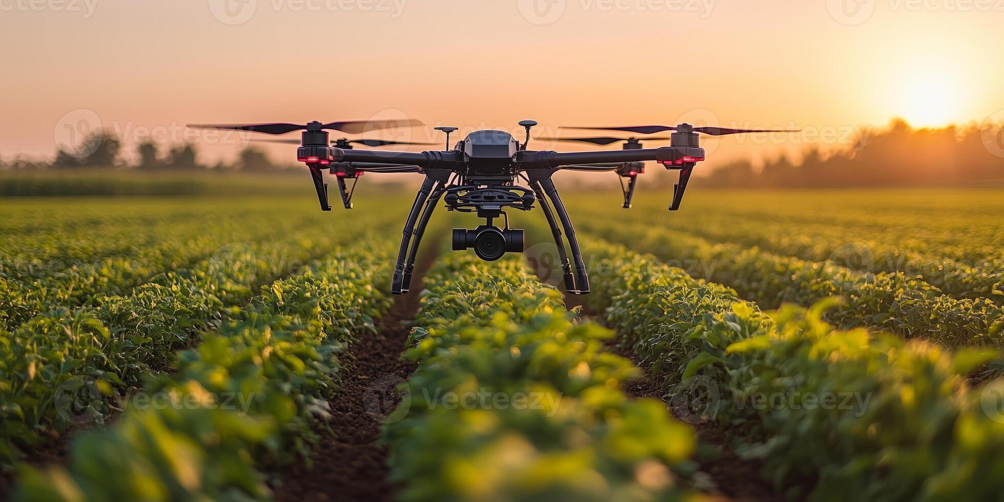 a drone flying low over a field, spraying crops with fertilizer, open landscape photo
