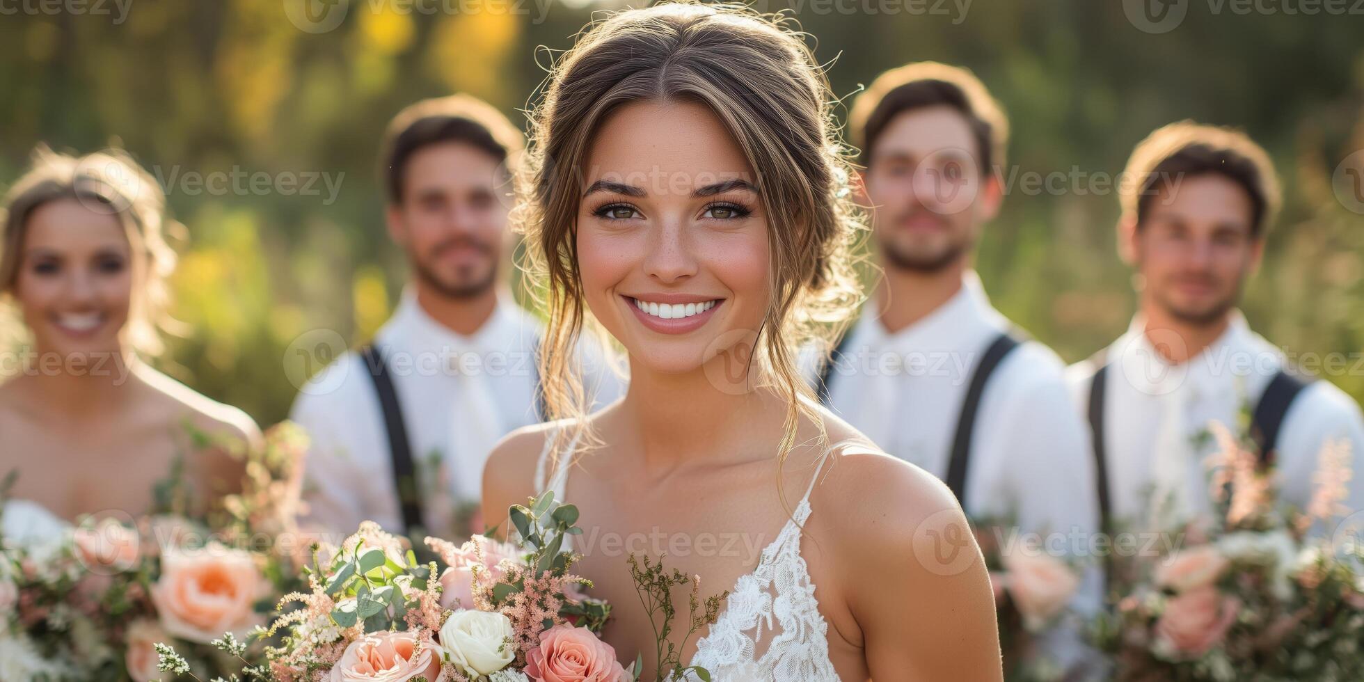 a wedding party posing in an open field, the bride and bridesmaids holding bouquets, groomsmen in suspenders, blank right side for text photo