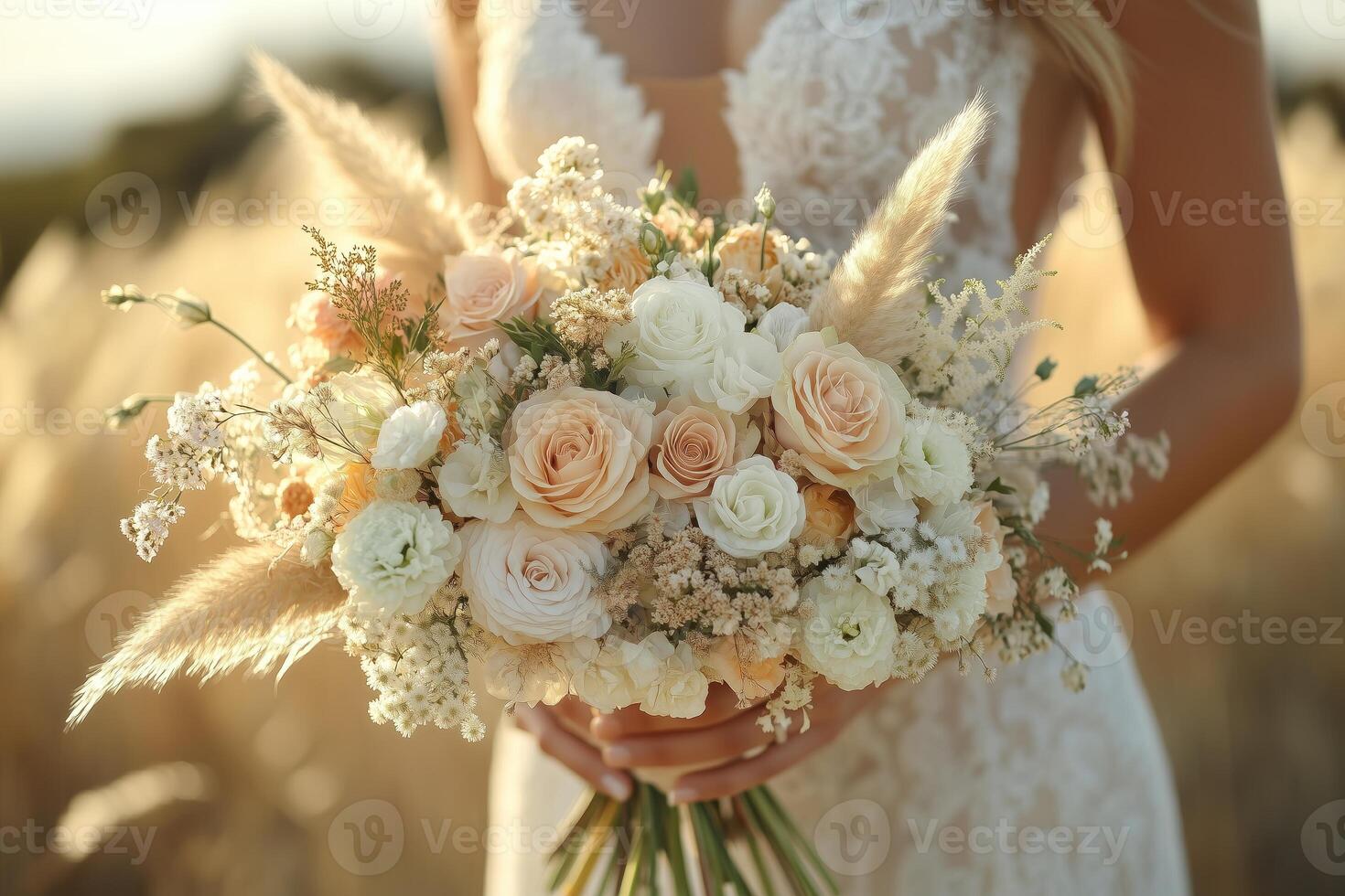 a close up of a boho wedding bouquet with wildflowers, pampas grass, and earthy tones, held by a bride in a lace dress photo