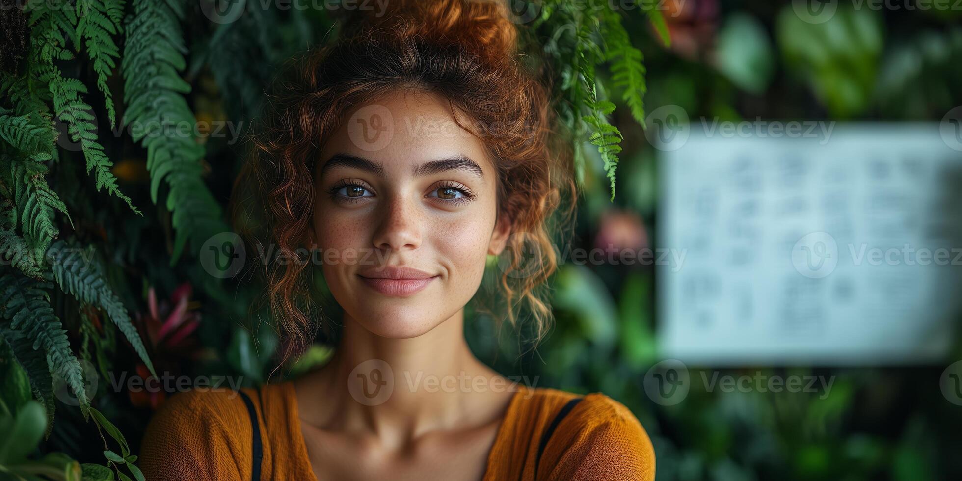 a woman brainstorming on a whiteboard in a collaborative outdoor coworking area, surrounded by vibrant plants and other people working photo