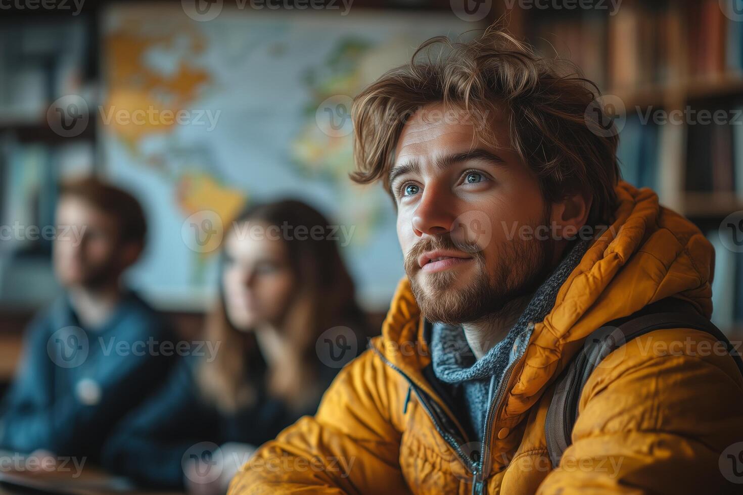 a modern language teacher using interactive software to teach a small group, cozy classroom with maps and bookshelves photo