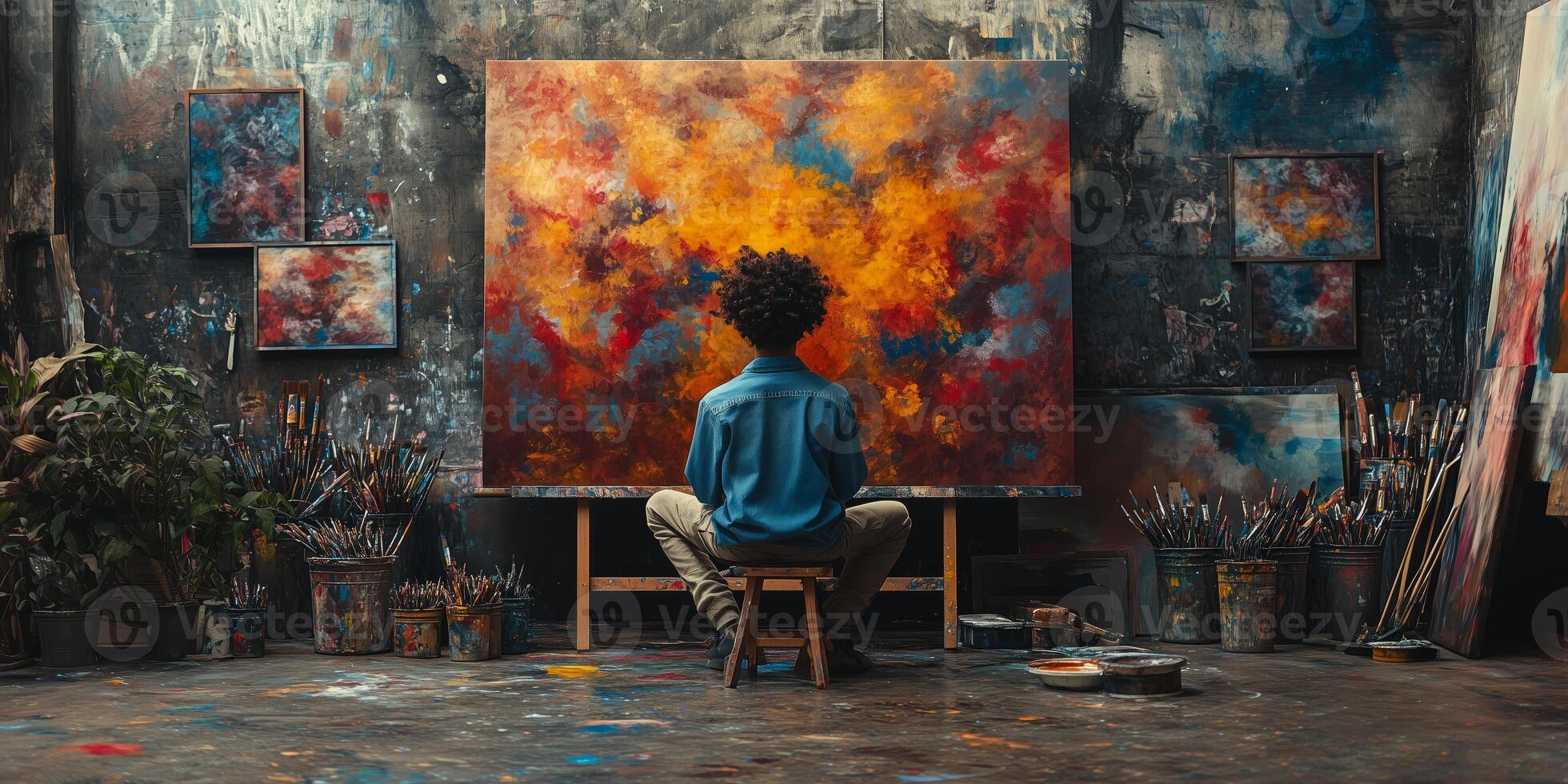 a teenage artist painting a large canvas in a bright studio, surrounded by brushes, paint splatters photo