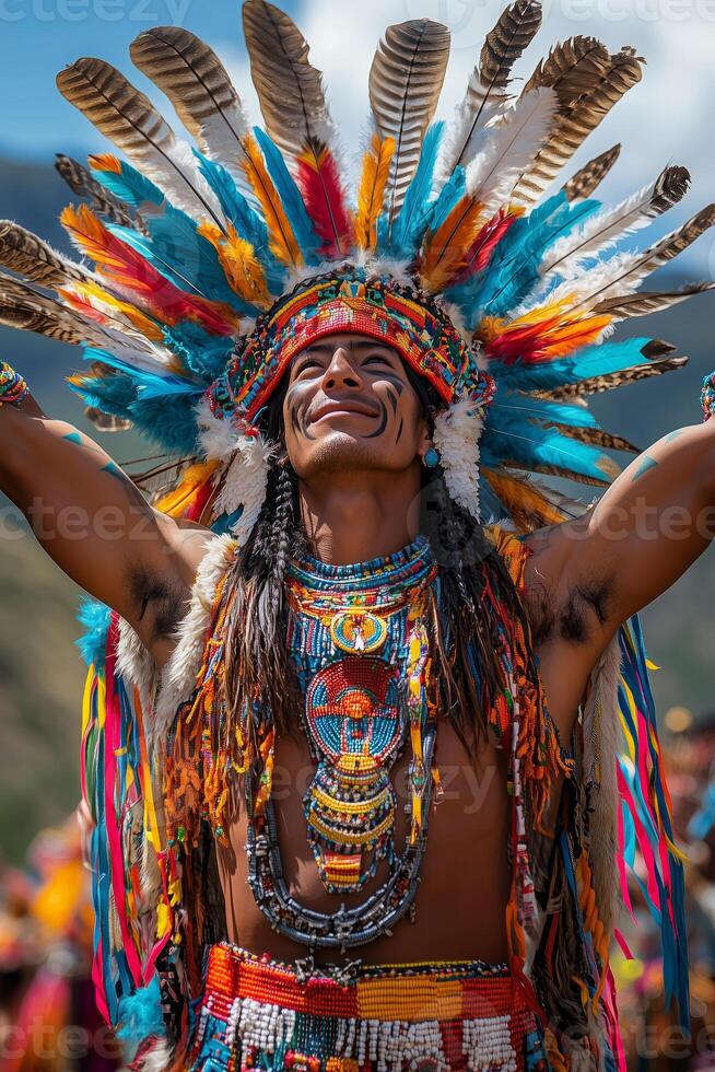 a dramatic Inti Raymi reenactment, a ceremonial figure standing on a high platform with arms raised, surrounded by performers and vivid decorations, glowing sunlight emphasizing the cultural grandeur photo