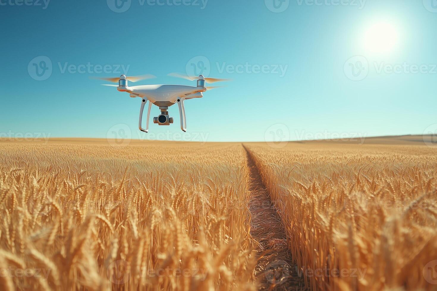 a drone flying over a large wheat field, capturing aerial data with visible camera equipment photo