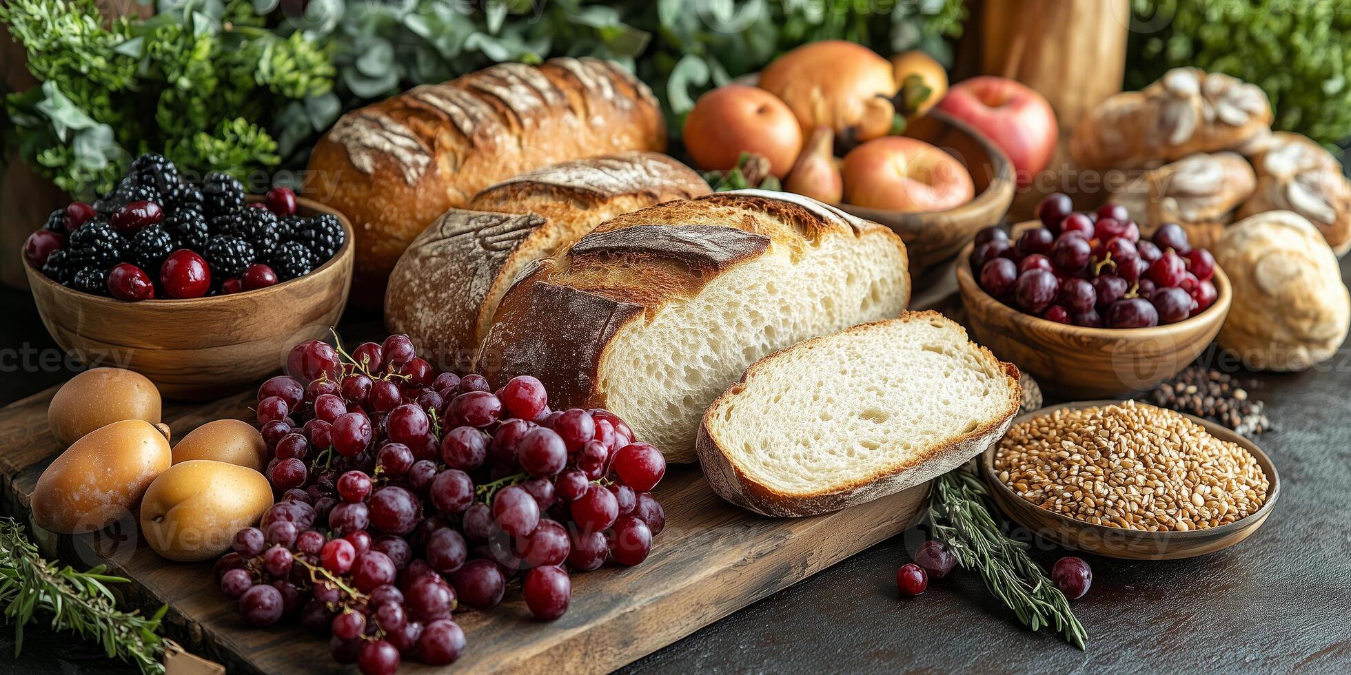 a bountiful Lughnasadh feast displayed on a rustic wooden table, featuring fresh bread, fruits, and grains photo