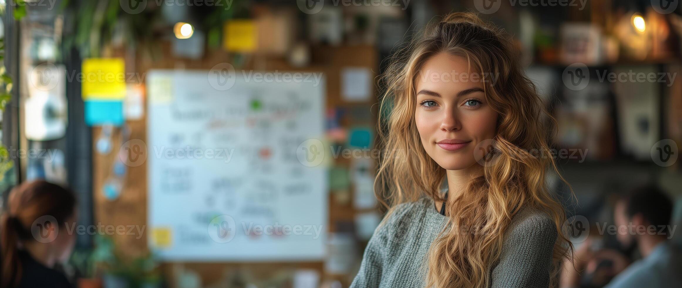 a woman presenting her business idea on a whiteboard in a small workshop, surrounded by local entrepreneurs taking notes photo