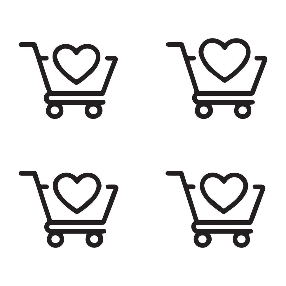 Cart with Heart Icon Set for Favorite Purchases vector